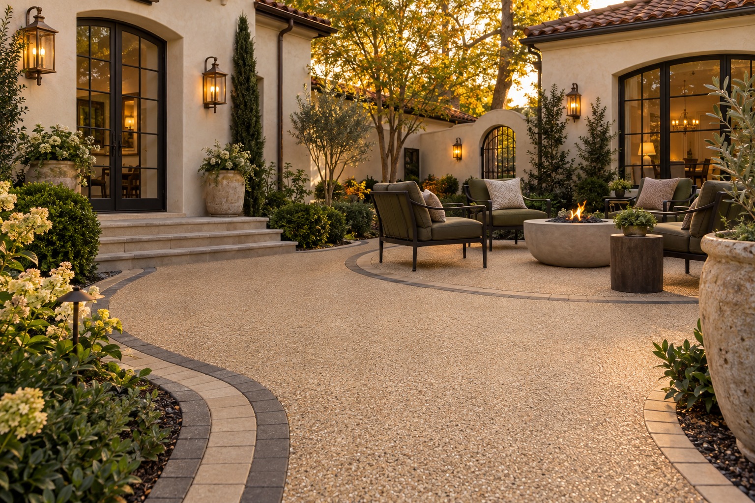 Design visualization of a buff Eco-Stone courtyard with curved two-color concrete paver borders