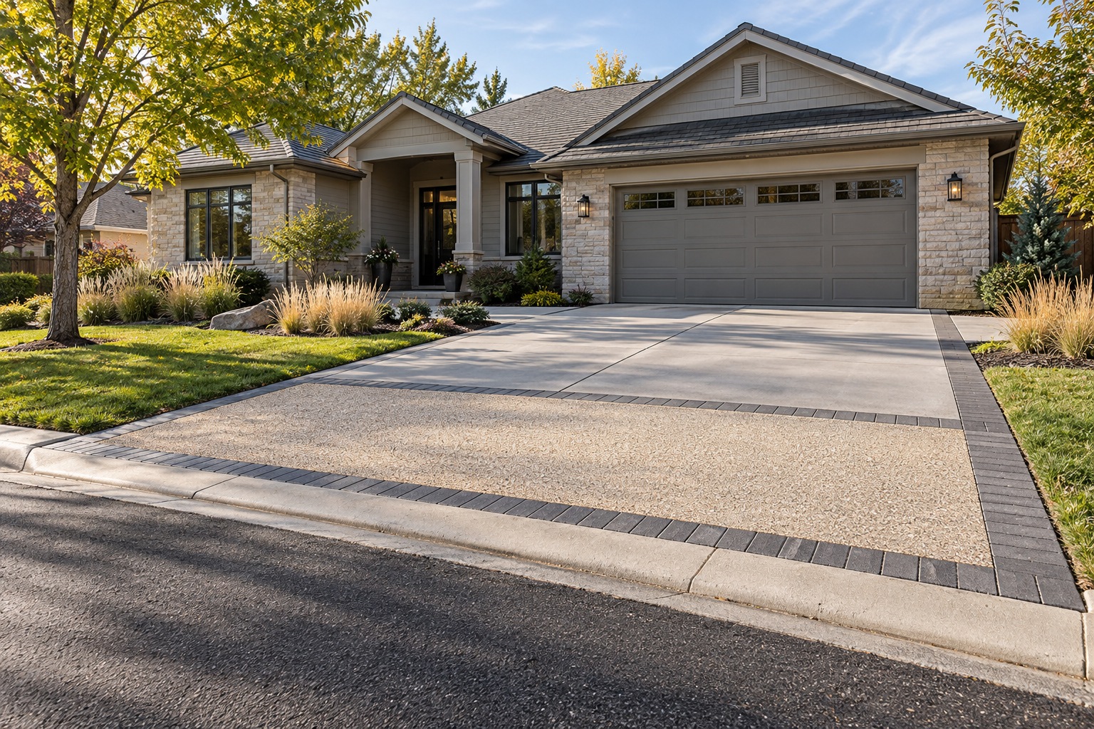 Design visualization of a resin-bound driveway entrance apron with charcoal paver edging