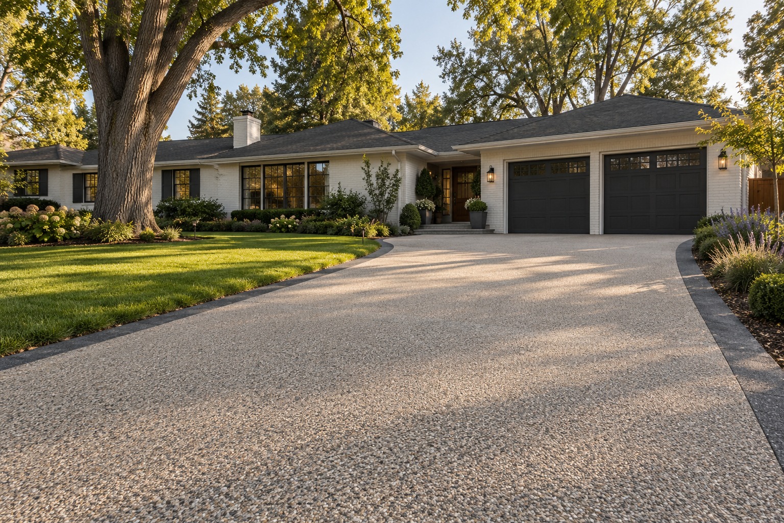 Design visualization of a resin-bound stone driveway at a renovated Colorado ranch home