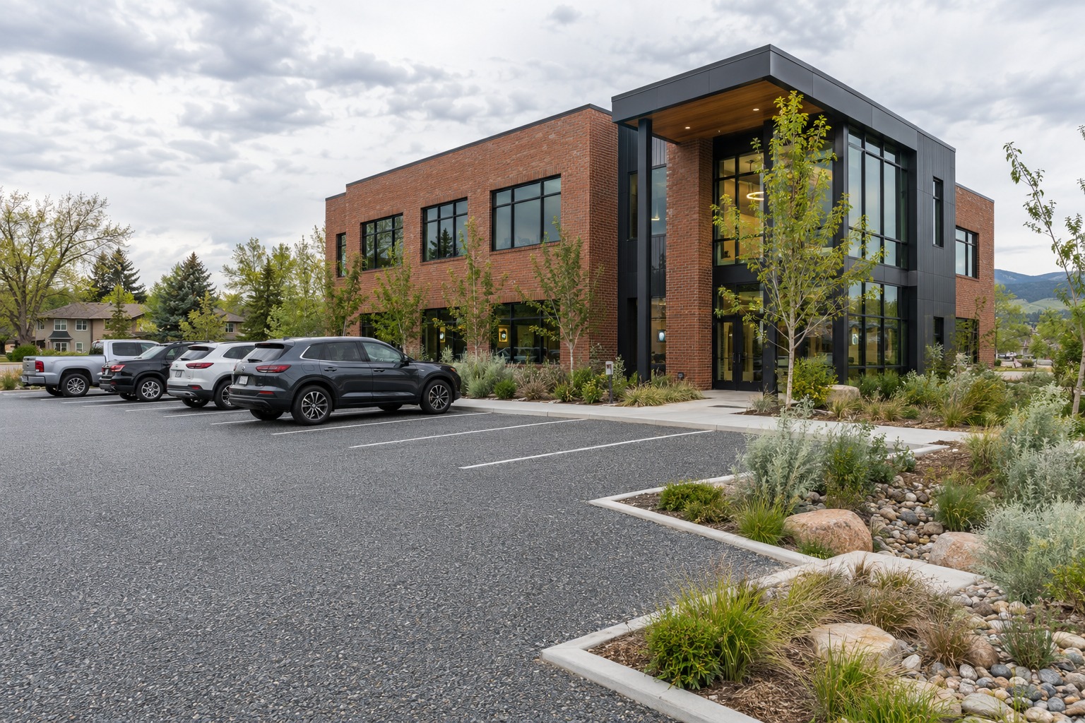 Design visualization of a permeable commercial parking lot with landscaping in Colorado