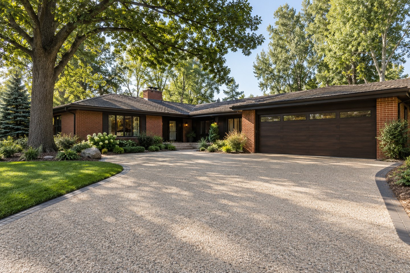 Design visualization of cream resin-bound stone driveway and charcoal paver border at a Cherry Hills ranch home, wide view