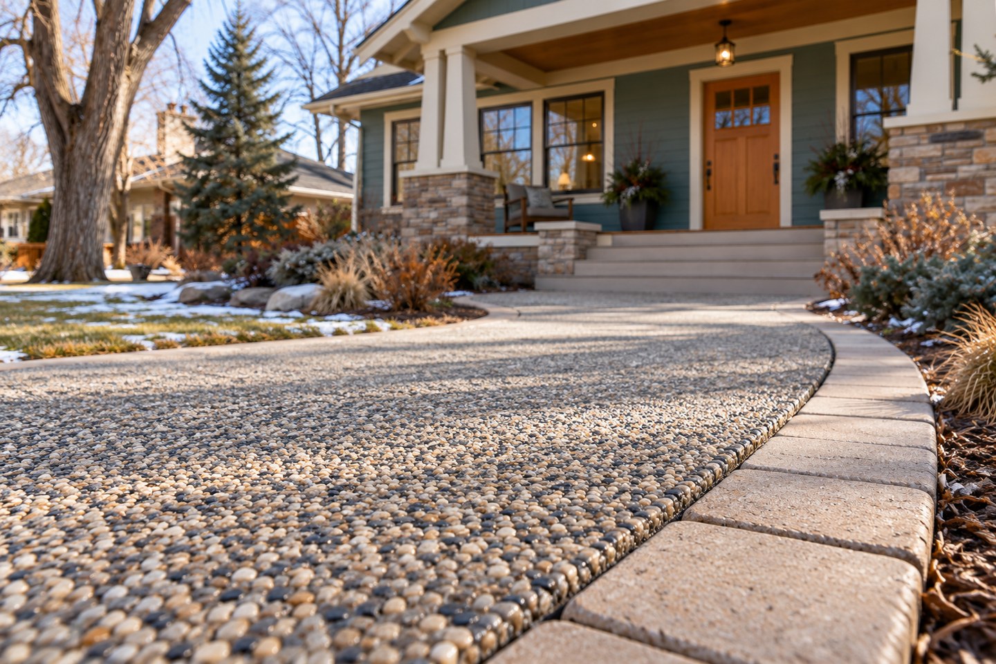 Design visualization of gray resin-bound entrance walkway with buff paver edging at a Golden Craftsman home, close surface detail