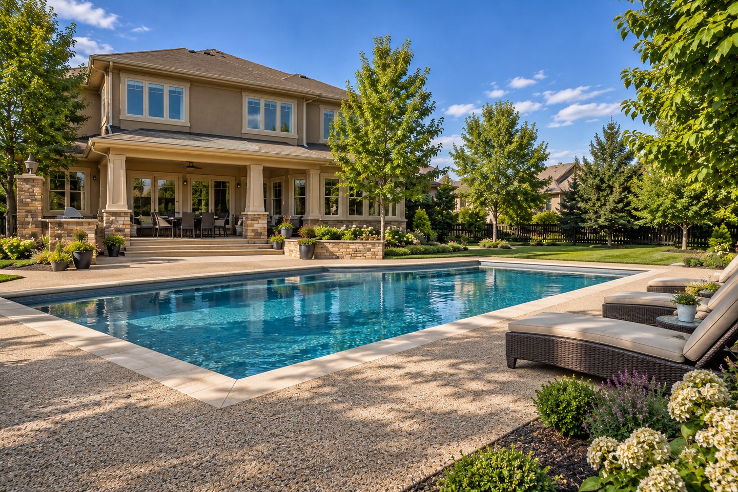 Design visualization of cream resin-bound pool deck with separate stone coping at a Parker home, alternate angle