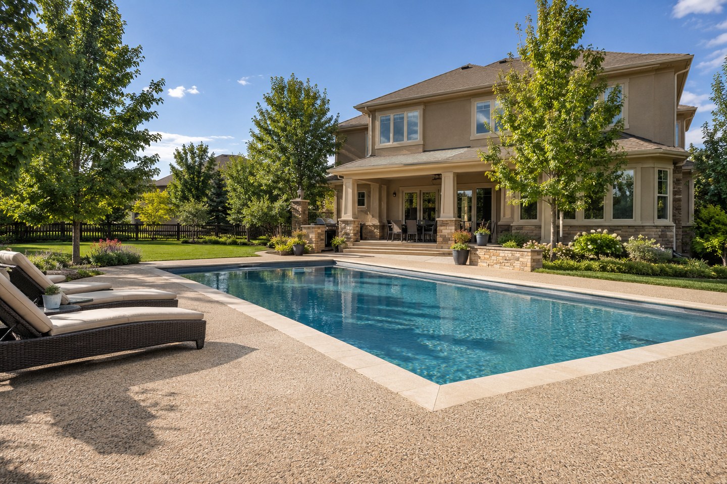 Design visualization of cream resin-bound pool deck with separate stone coping at a Parker home, wide view